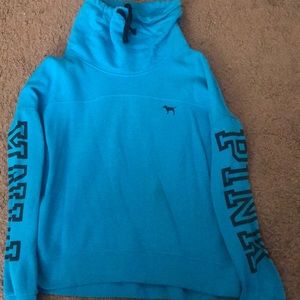 blue cowl neck pink sweater!